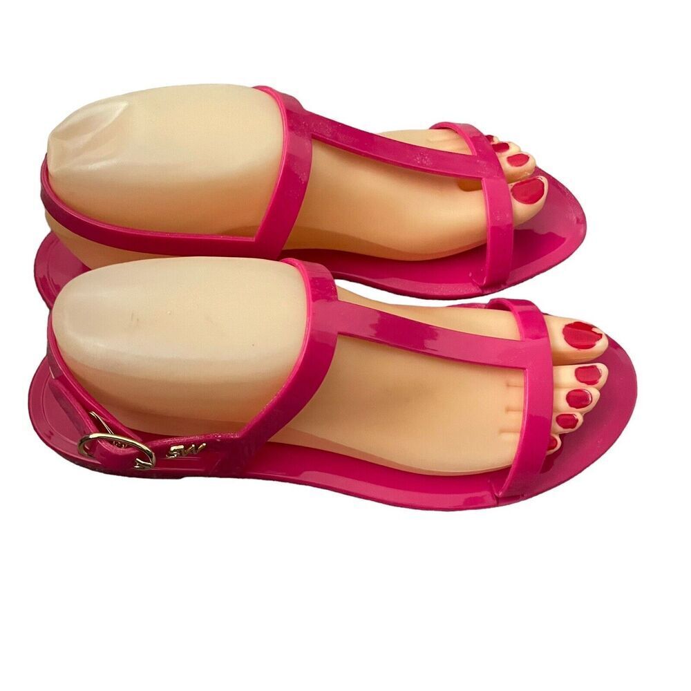 Stuart Weitzman Jelly Sandals Size 9 Mellie Hot Pink Rubber Ankle T-Strap Resort - Picture 3 of 12